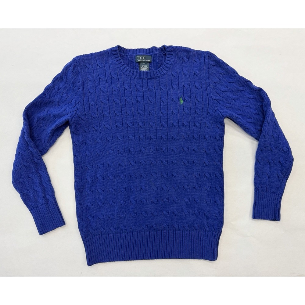 Polo Ralph Lauren Cable Knit Sweater Women Small Blue Cotton Crewneck Green Pony